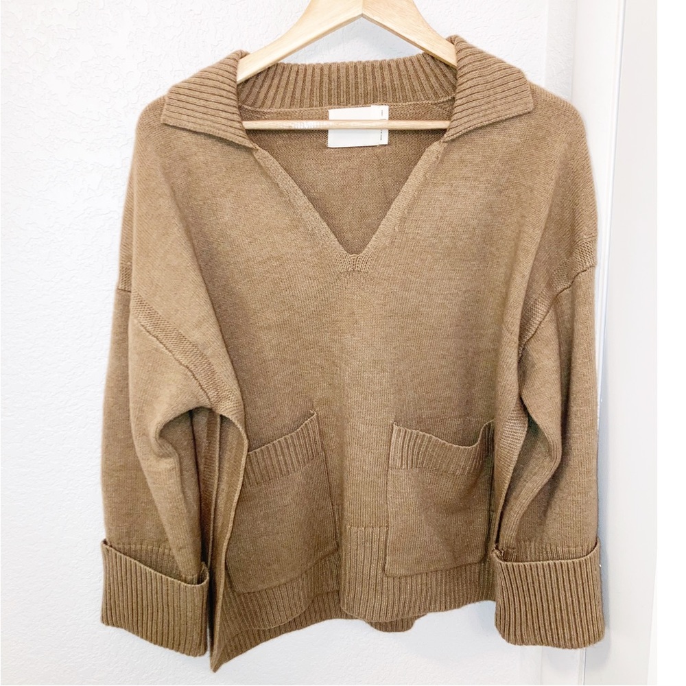 ALL : ROW Chunky Knit V-Neck side Vent Sweater Tan / Camel SZ: Large - Picture 2 of 13